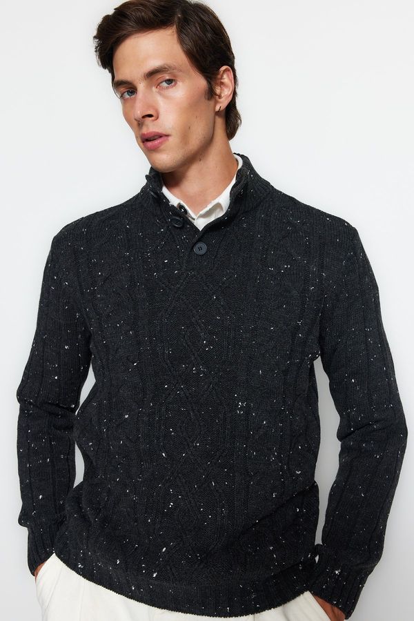 Trendyol Trendyol Anthracite Regular Fit Buttoned Turtleneck Nopple Knitwear Sweater