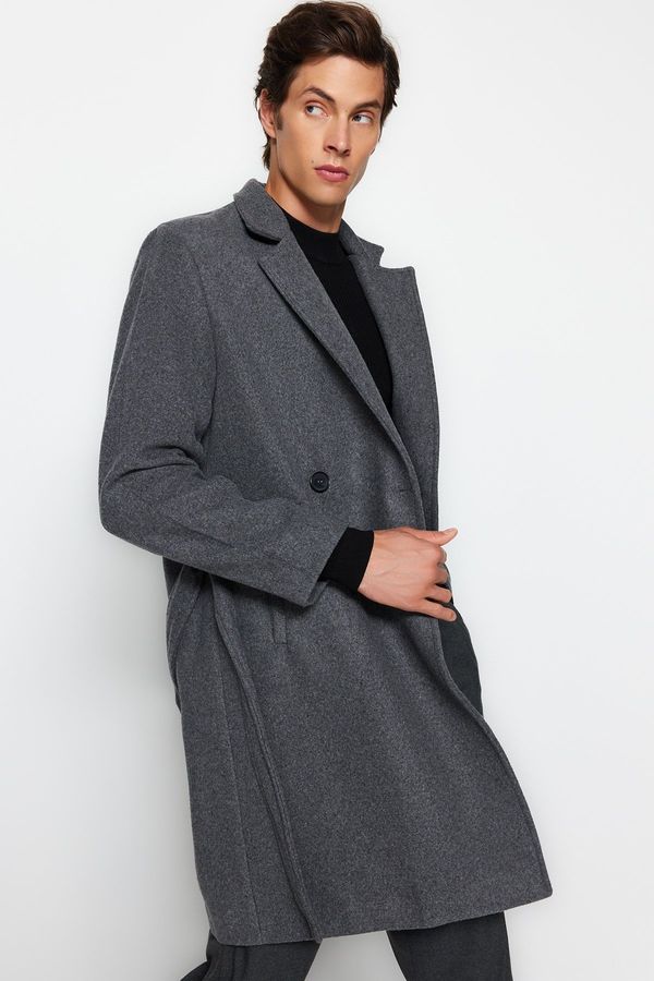 Trendyol Trendyol Anthracite Regular Fit Double Breasted Closure Belted Detail Long Cashmere Coat