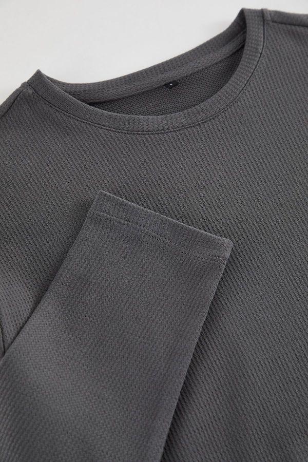 Trendyol Trendyol Anthracite Regular/Normal Cut Long Sleeve Basic Textured 100% Cotton T-Shirt