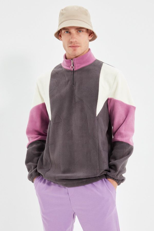 Trendyol Trendyol Anthracite Regular/Normal Cut Zippered Color Block Fleece Warm Sweatshirt