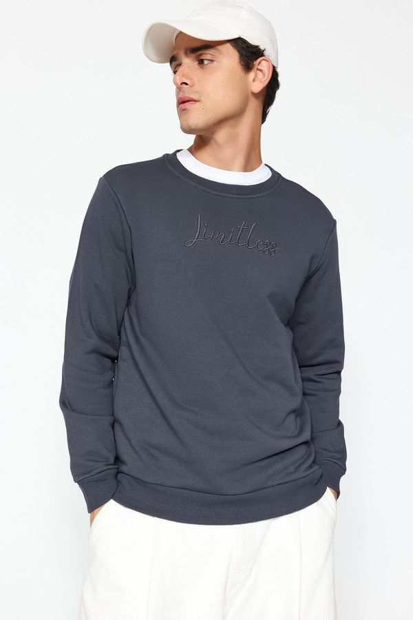 Trendyol Trendyol Anthracite Regular/Normal Fit 100% Cotton Sweatshirt with Text Embroidery