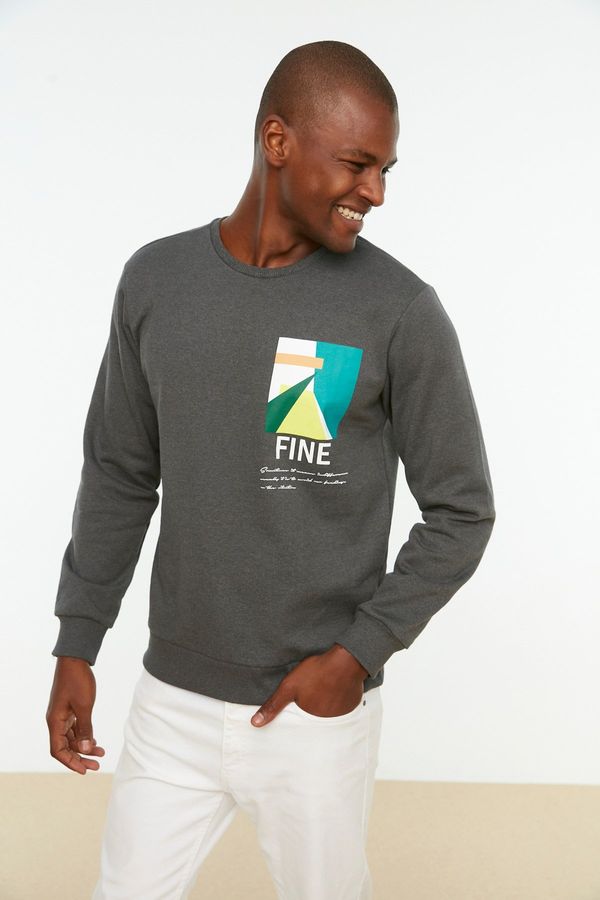 Trendyol Trendyol Anthracite Regular/Real Fit Crew Neck Geometric Printed Sweatshirt