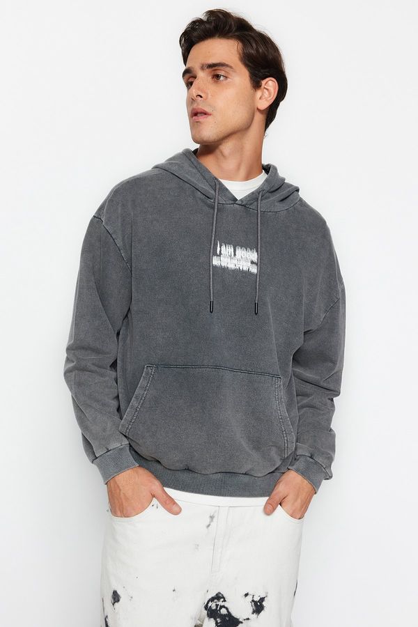 Trendyol Trendyol Anthracite Relaxed/Comfortable Cut Hooded Faded Back Printed Sweatshirt