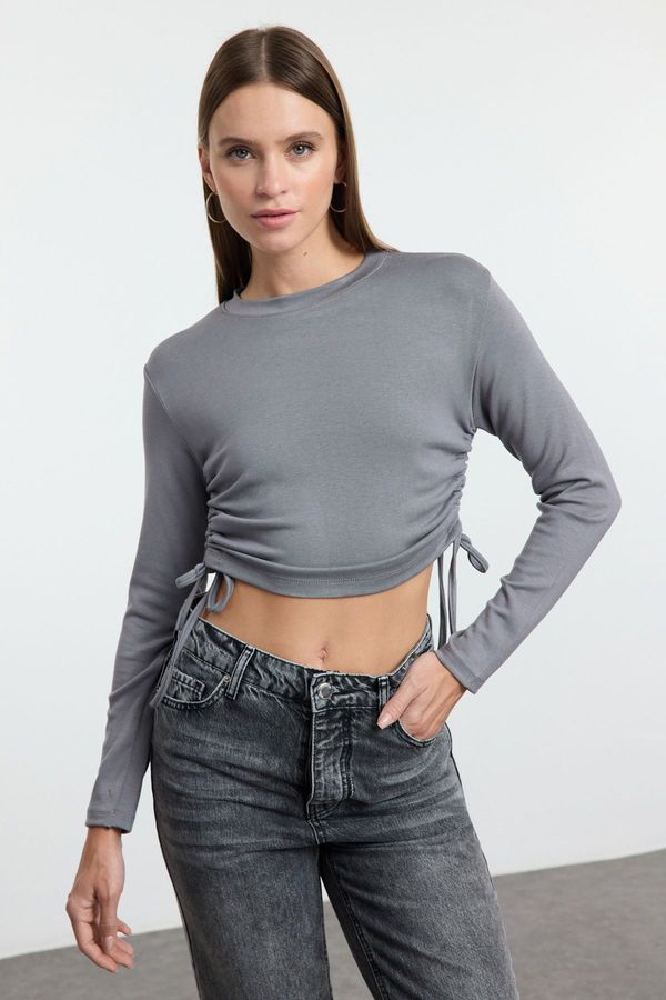 Trendyol Trendyol Anthracite Side Gathered Crop Fitted/Fits Body Knitted Blouse