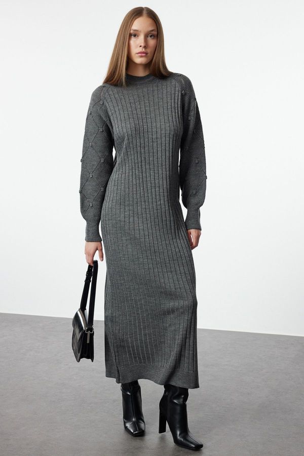 Trendyol Trendyol Anthracite Sleeved Openwork Ribbed Knitted Dress