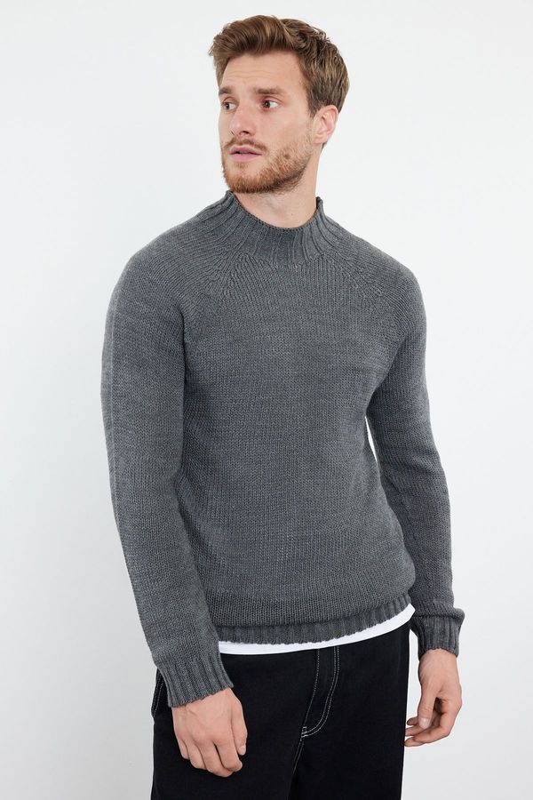 Trendyol Trendyol Anthracite Slim Fit Slim Cut Half Turtleneck Raglan Sleeve Plain Basic Knitwear Sweater