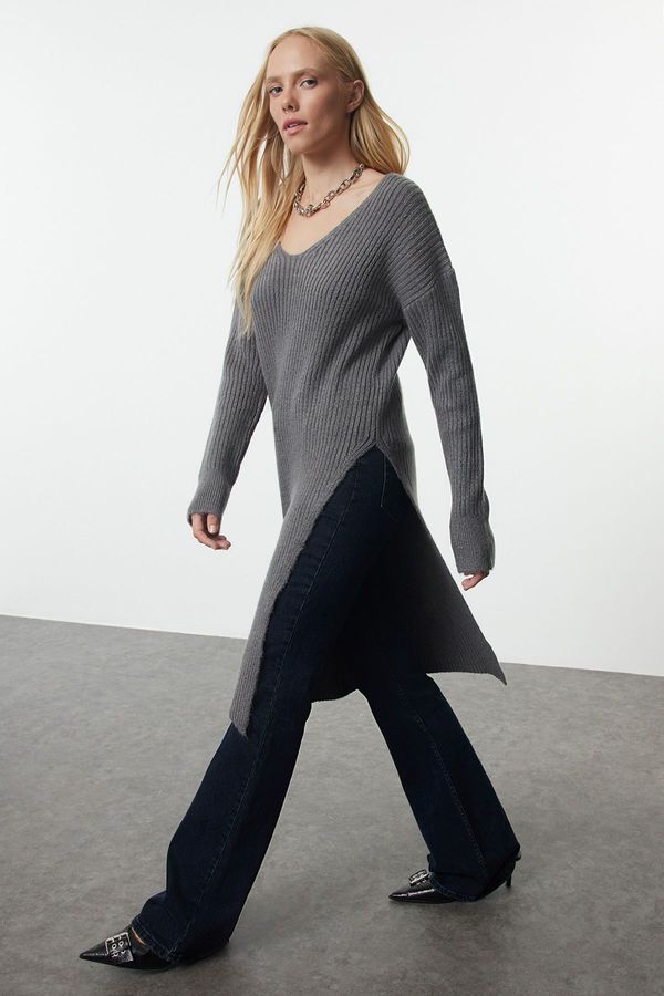 Trendyol Trendyol Anthracite Slit Detailed Tunic Length Soft Texture Knitwear Sweater