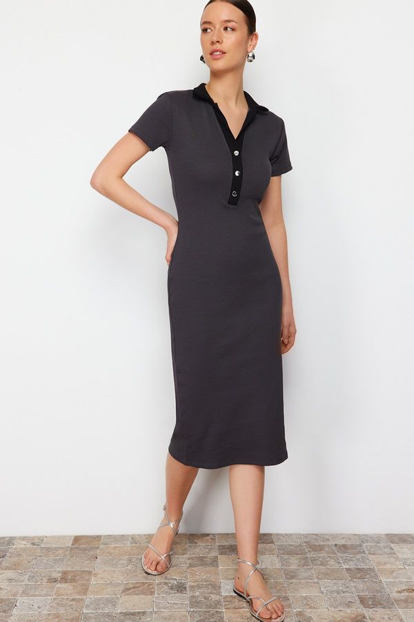 Trendyol Trendyol Anthracite Snap-On Polo Neck Ribbed Fitted/Sleeping Elastic Knitted Midi Dress
