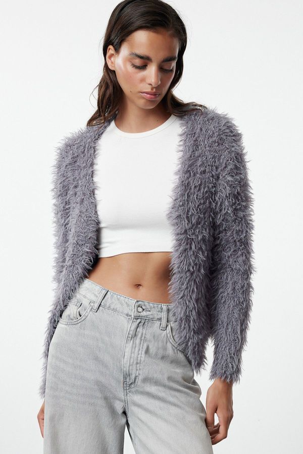 Trendyol Trendyol Anthracite Soft Textured Furry Coat-Looking Knitwear Cardigan