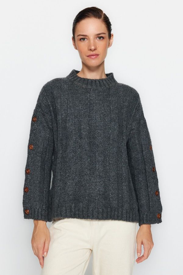 Trendyol Trendyol Anthracite Soft Textured Side Button Detailed Knitwear Sweater