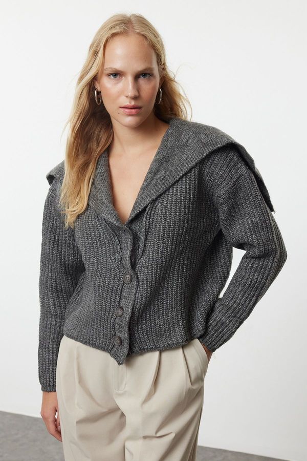 Trendyol Trendyol Anthracite Soft Textured Turn-down Collar Knitwear Cardigan