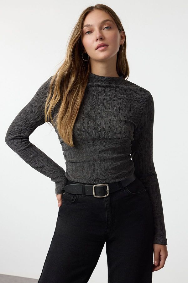 Trendyol Trendyol Anthracite Stand Collar Gathered/Drape Detailed Regular/Normal Pattern Knitted Blouse