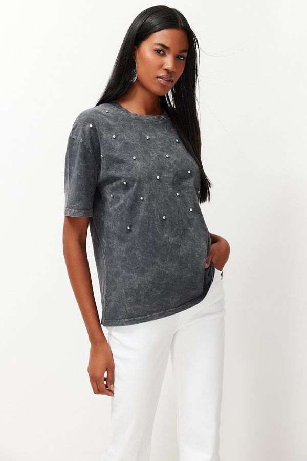Trendyol Trendyol Anthracite Stone Accessory Detailed Washing/Abrasion Effect Knitted T-Shirt
