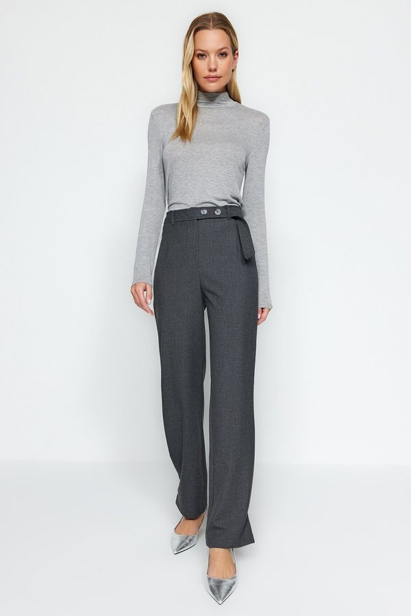 Trendyol Trendyol Anthracite Straight/Straight Cut Woven Belt Detailed Trousers