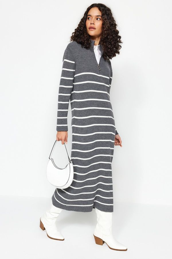 Trendyol Trendyol Anthracite Striped Zipper Detailed Knitwear Dress