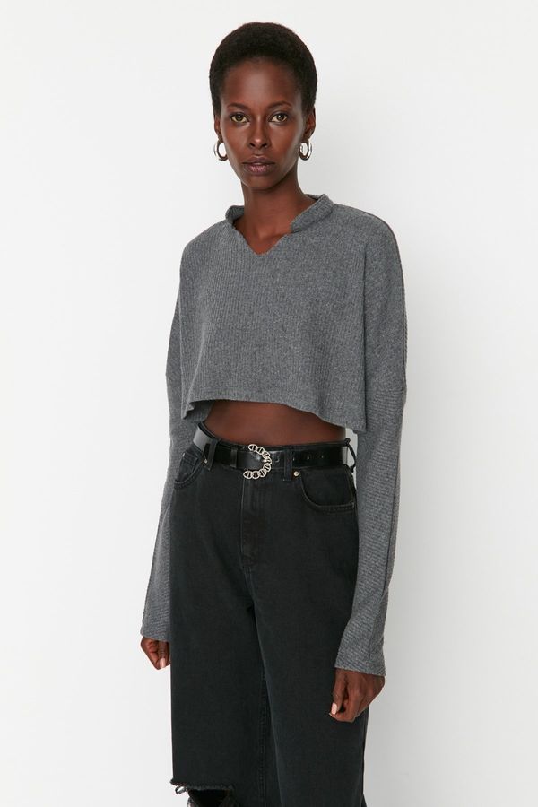 Trendyol Trendyol Anthracite Super Crop Long Sleeve Knitted Look Knitted Blouse