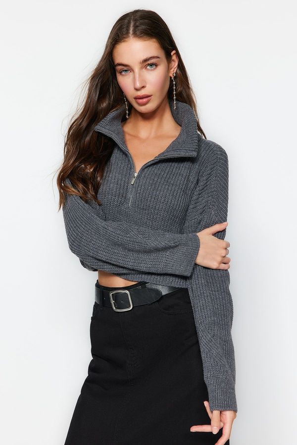 Trendyol Trendyol Anthracite Super Crop Zippered Knitwear Sweater