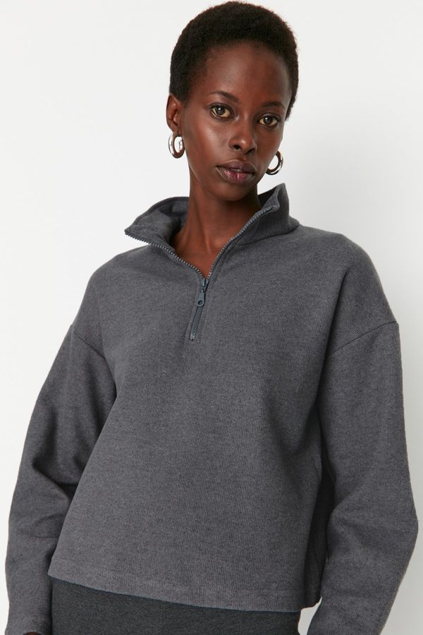 Trendyol Trendyol Anthracite Thessaloniki/Knit Look Zippered Collar Regular/Regular Fit Knitted Sweatshirt