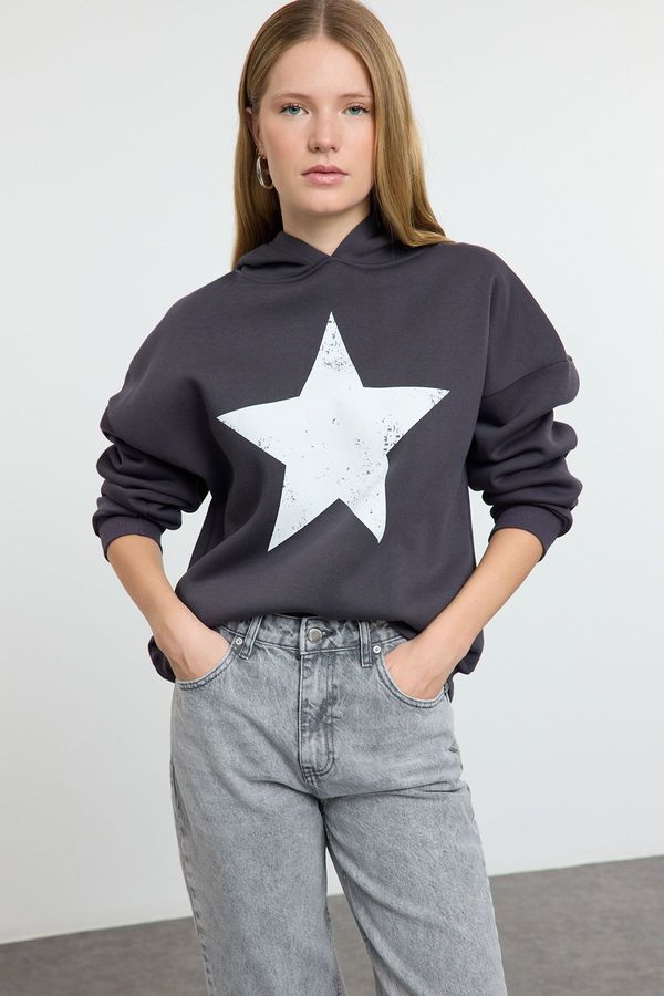 Trendyol Trendyol Anthracite Thick Polar Fleece Star Printed Hooded Knitted Sweatshirt