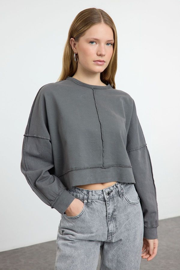 Trendyol Trendyol Anthracite Washed Ribbed Relaxed/Comfortable Pattern Knitted Sweatshirt