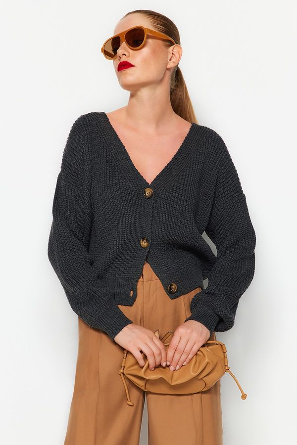 Trendyol Trendyol Anthracite Wide Fit V Neck Knitwear Cardigan