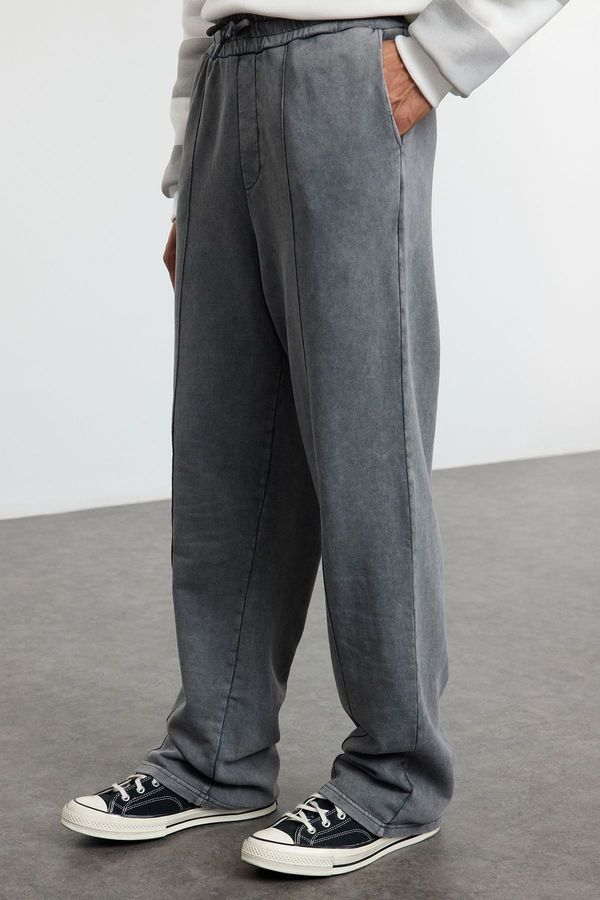 Trendyol Trendyol Anthracite Wide Leg Ribbed Distressed/Faded Effect Basic Sweatpants