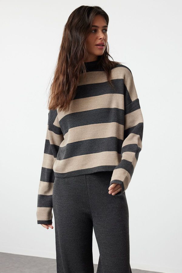 Trendyol Trendyol Anthracite Wide Pattern Striped Knitwear Top-Top Set