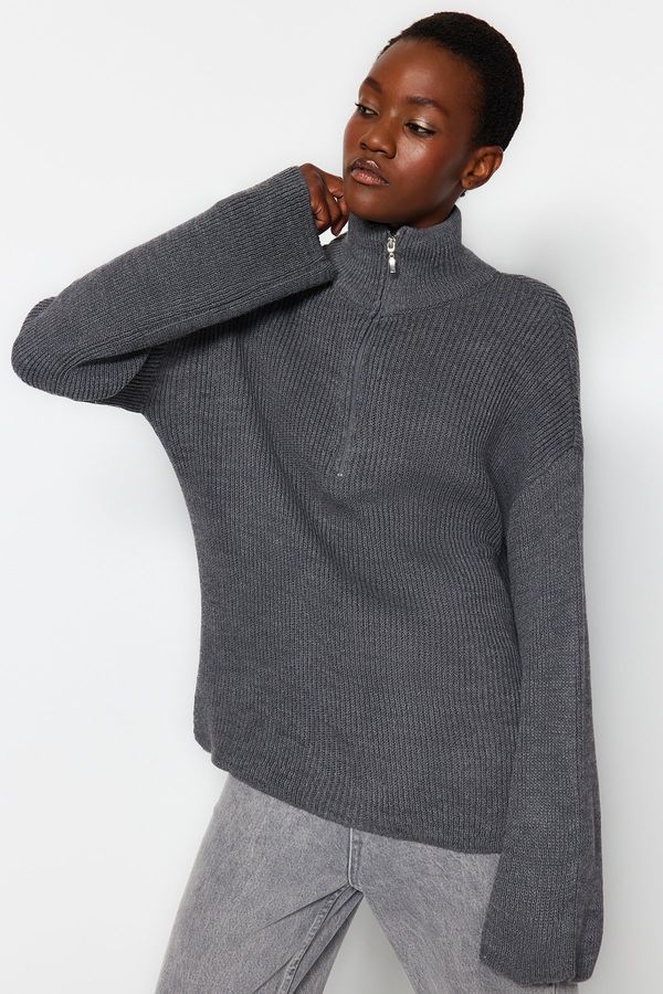 Trendyol Trendyol Anthracite Wide Pattern Zippered High Collar Knitwear Sweater