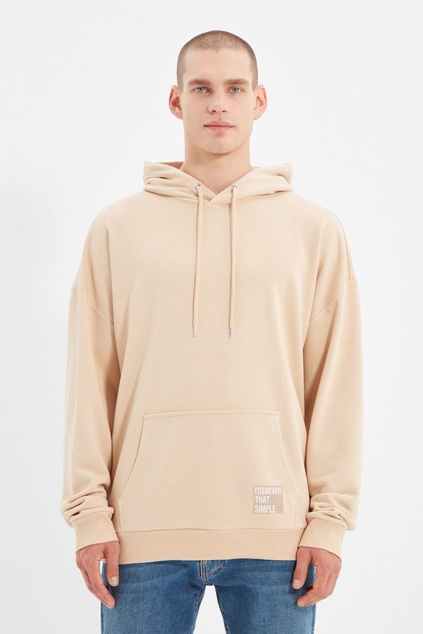 Trendyol Trendyol Basic Beige Oversize/Wide-Fit Hooded Labeled Fleece Inner Cotton Sweatshirt