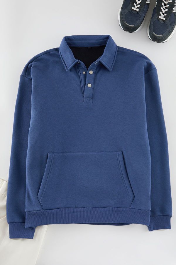 Trendyol Trendyol Basic Indigo Oversize/Wide Cut Shirt Collar Pocket Fleece Thick Sweatshirt