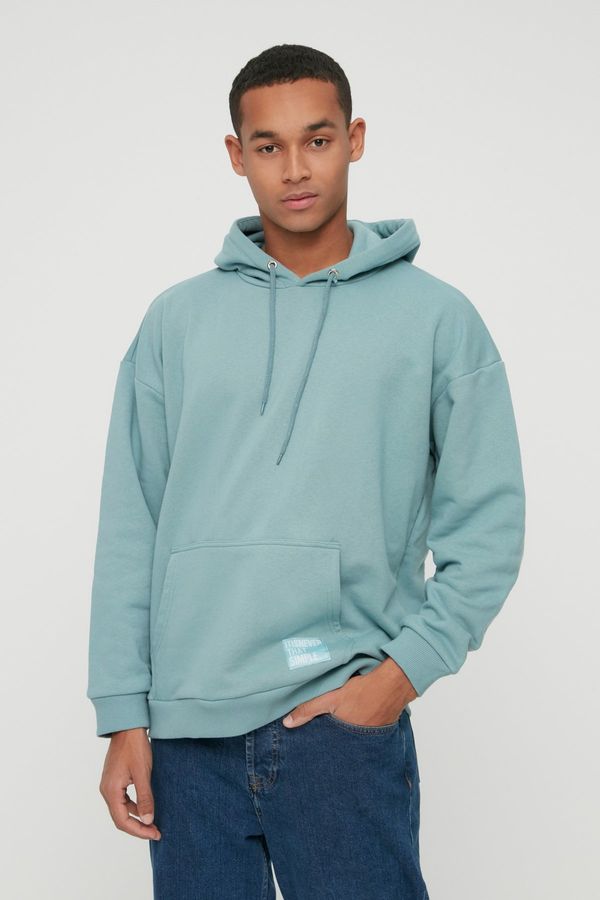 Trendyol Trendyol Basic Mint Oversize/Wide-Fit Hooded Labeled Fleece Inner Sweatshirt