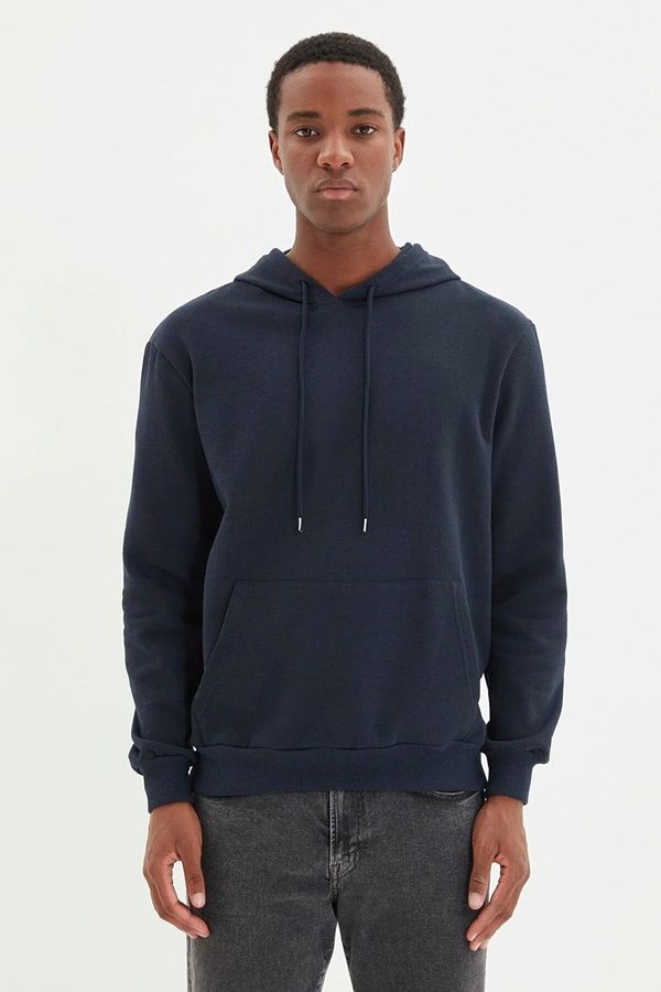 Trendyol Trendyol Basic Navy Regular/Regular Fit Hooded Kangaroo Pocket Sweatshirt