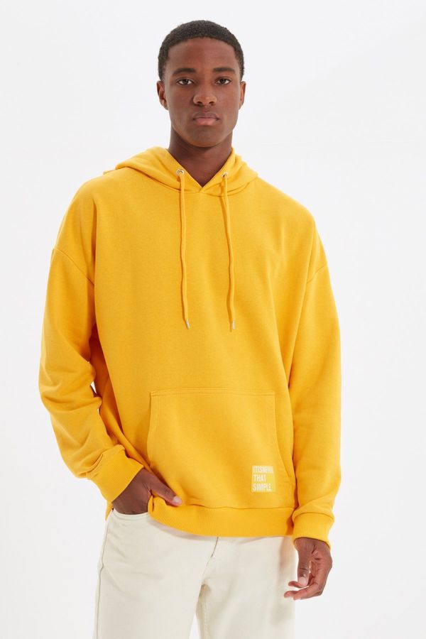 Trendyol Trendyol Basic Yellow Oversize/Wide-Fit Hooded Labeled Fleece Inner Sweatshirt