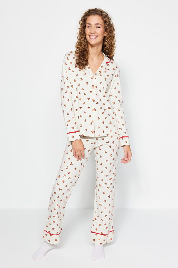 Trendyol Trendyol Beige 100% Cotton Heart Patterned Shirt-Pants and Knitted Pajamas Set