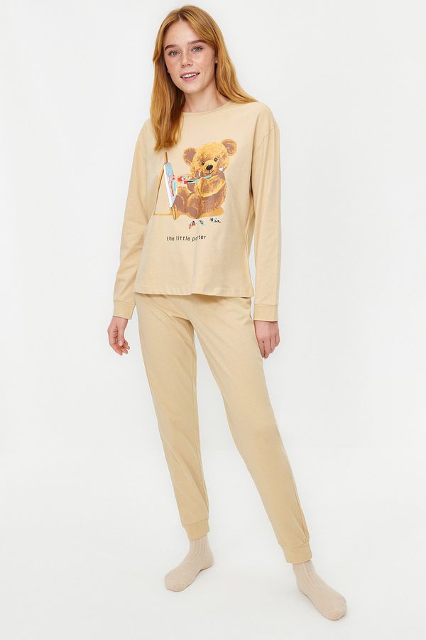 Trendyol Trendyol Beige 100% Cotton Teddy Bear Printed Tshirt-Jogger Knitted Pajama Set