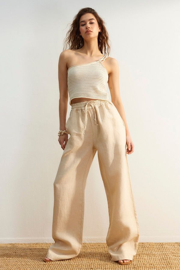 Trendyol Trendyol Beige 100% Linen High Waist Wide Leg Pants with Elastic Waist.