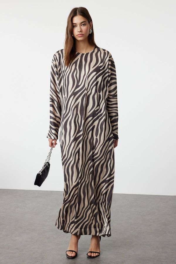 Trendyol Trendyol Beige Animal/Zebra Patterned Crinkle Knitted Dress