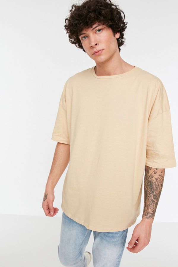 Trendyol Trendyol Beige Basic 100% Cotton Crew Neck Oversize/Wide Fit Short Sleeve T-Shirt