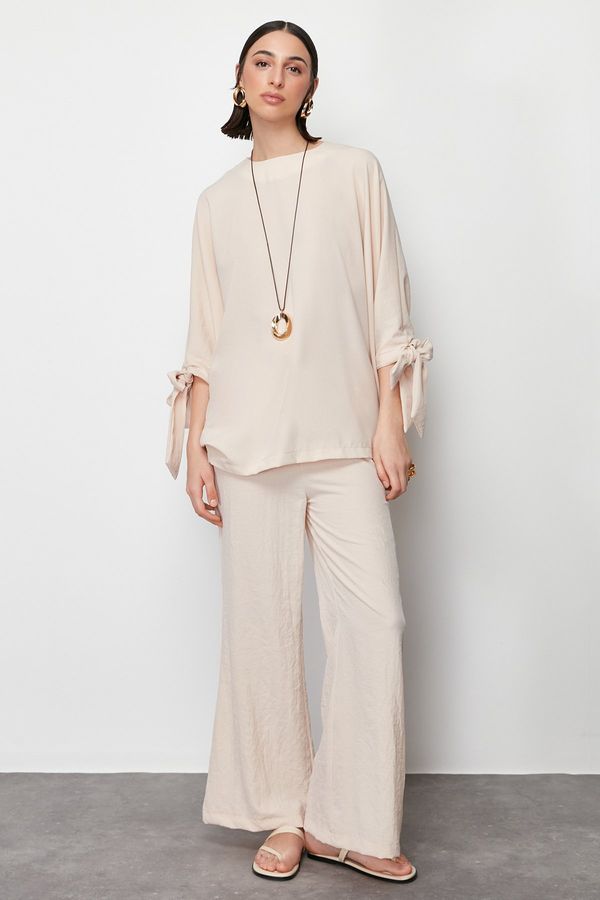 Trendyol Trendyol Beige Bat Sleeve Woven Aerobin Tunic-Pants Suit