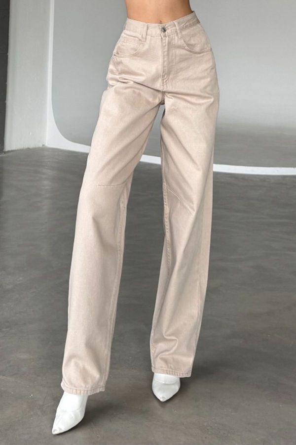 Trendyol Trendyol Beige Belt Buckle with Stitching Detail High Waist Straight Jeans