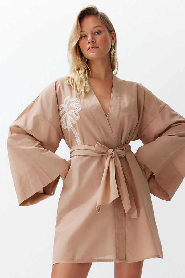 Trendyol Trendyol Beige Belted Mini Woven Embroidered 100% Cotton Kimono&Kaftan