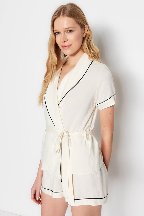 Trendyol Trendyol Beige Belted Piping Detailed Viscose Woven Pajama Set