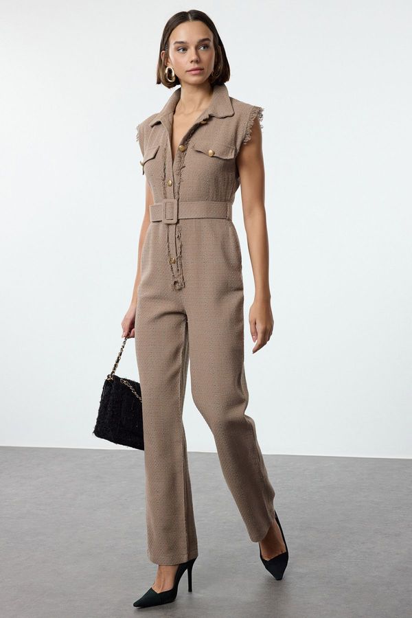 Trendyol Trendyol Beige Belted Shirt Collar Button Detailed Tweed Woven Overalls