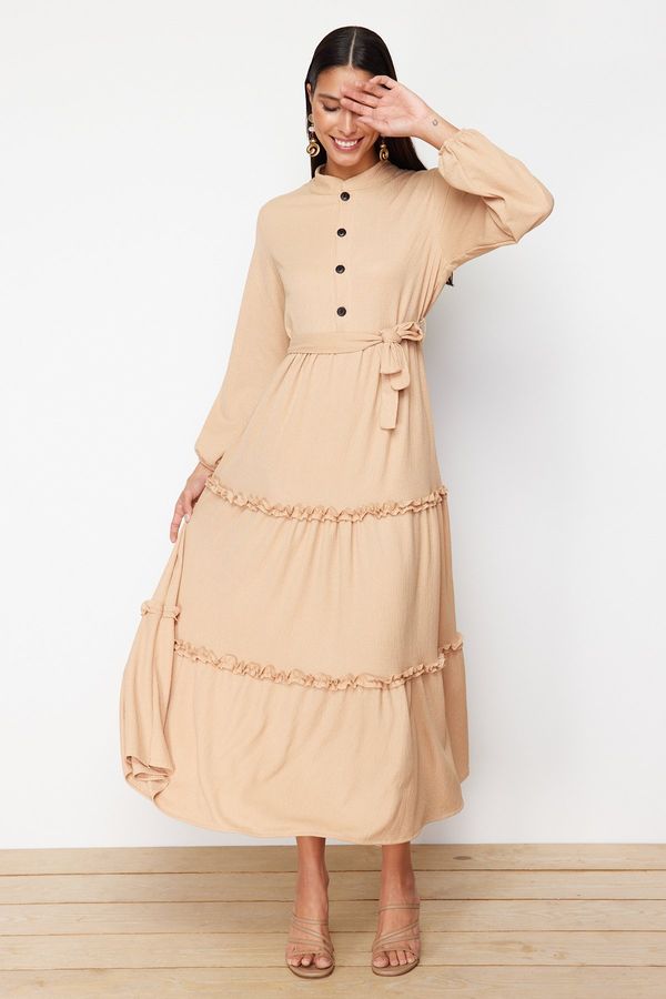 Trendyol Trendyol Beige Belted Tissue Fabric Woven Shirt Collar Dress