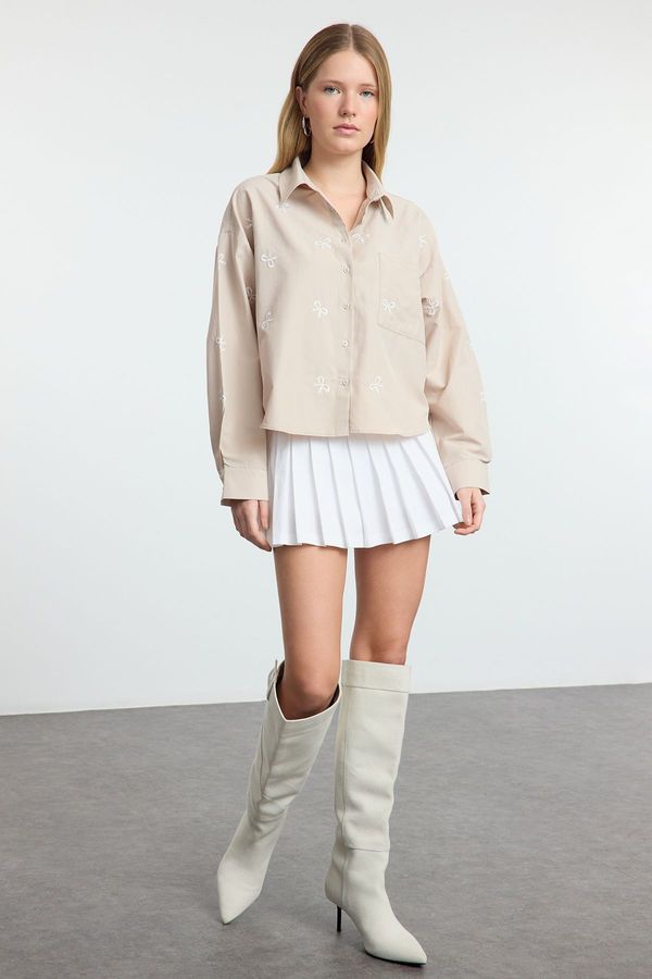 Trendyol Trendyol Beige Bow Embroidery Detailed Woven Shirt