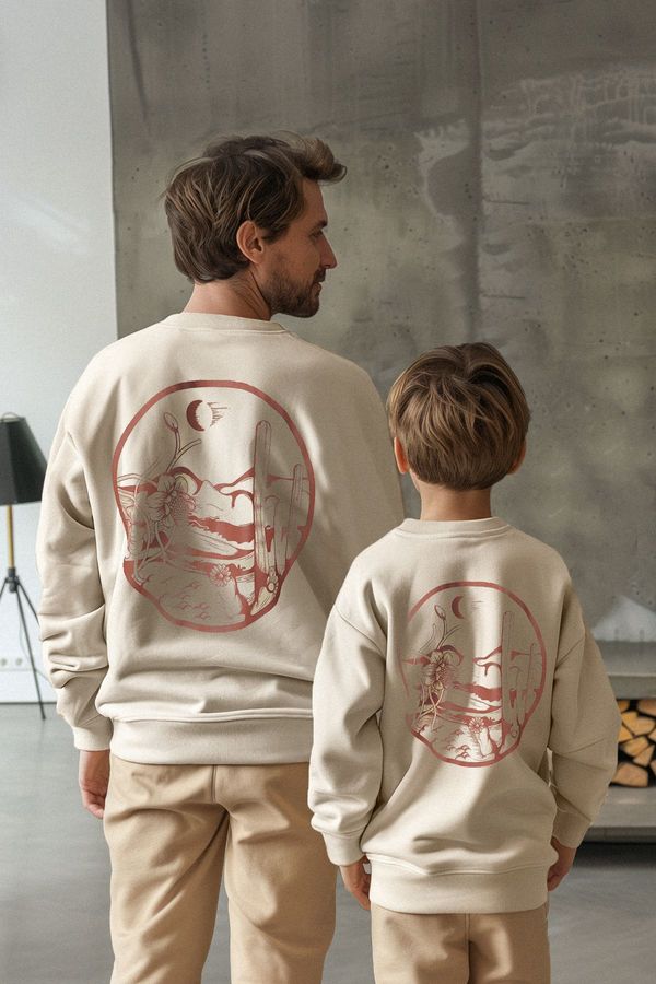 Trendyol Trendyol Beige Boy Father Son Back Printed Knitted Mini Me Sweatshirt