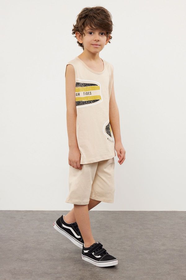 Trendyol Trendyol Beige Boy's Patterned Sleeveless T-shirt Shorts Set Knitted Top-Bottom Set