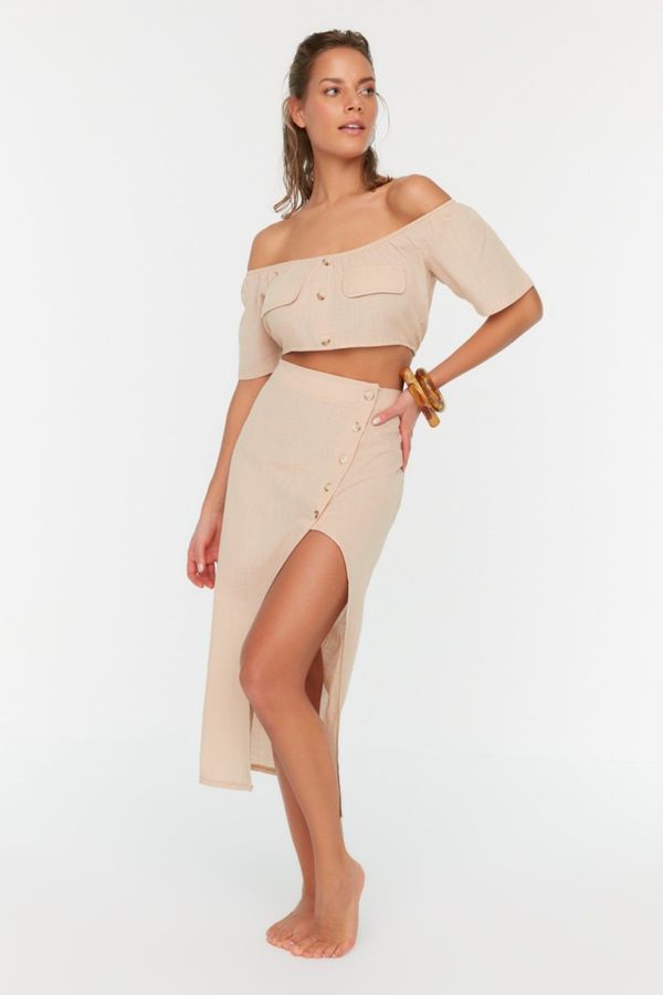 Trendyol Trendyol Beige Button Detailed Carmen Collar Beach Blouse-Beach Skirt Set