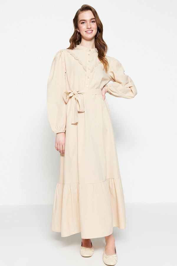 Trendyol Trendyol Beige Collar Embroidered Tie Waist Woven Dress