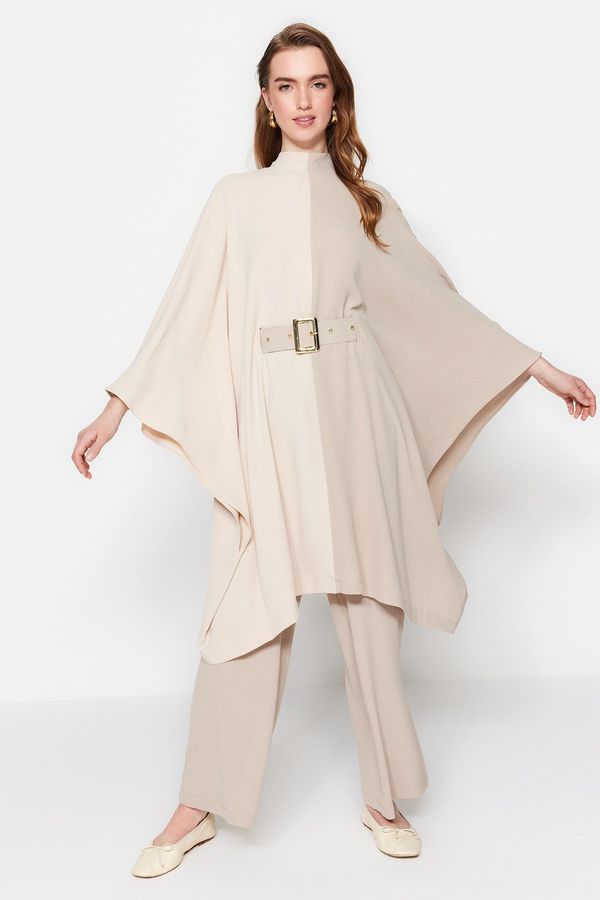 Trendyol Trendyol Beige Color Block Waist Belted Tunic-Pants Woven Suit